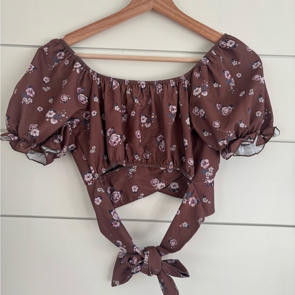Altar'd State Jordan Brown Floral Puff Sleeve Crop-Top - Picture 4 of 5